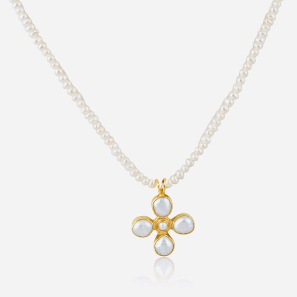 Necklace with Cross Handmade Gold Pearl